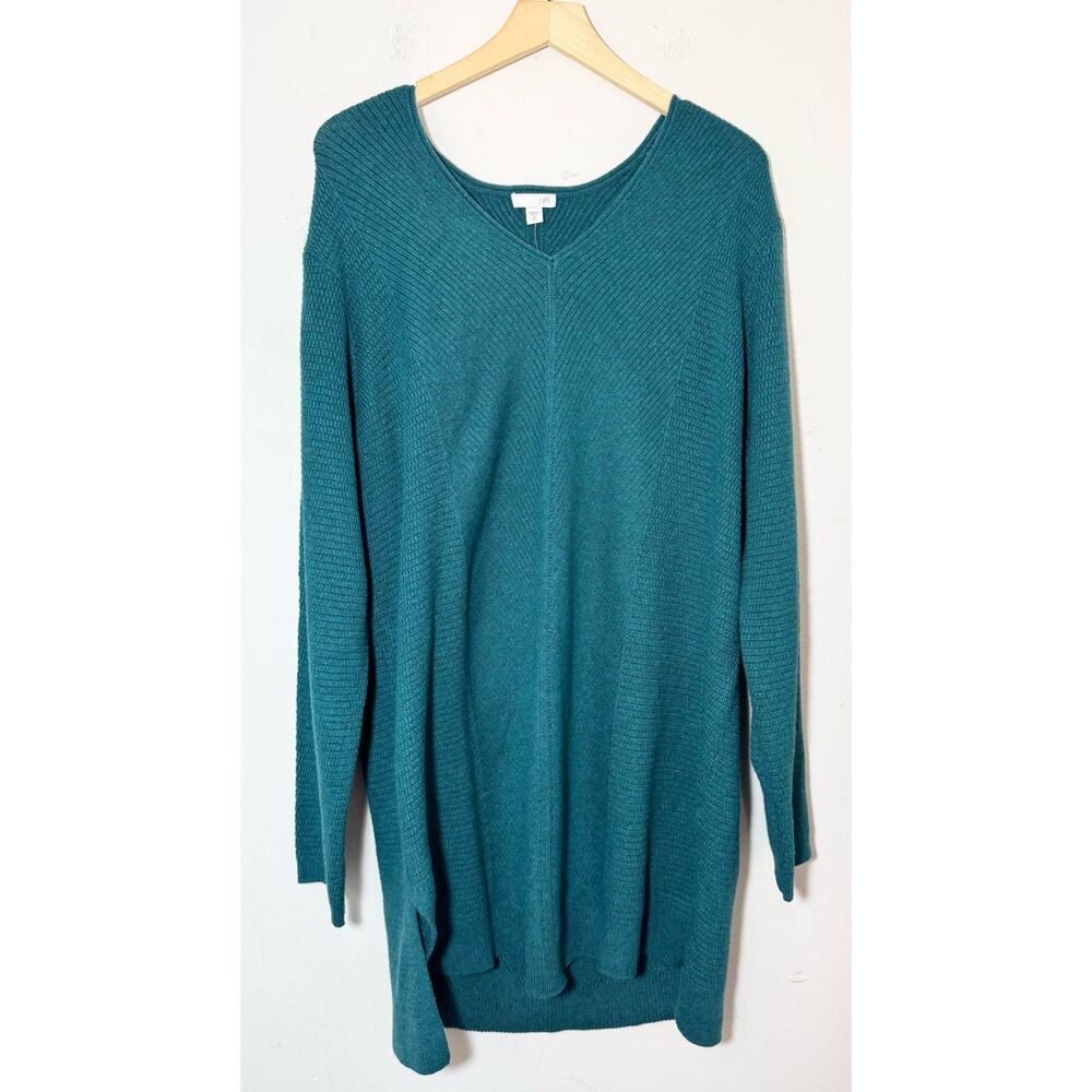J. Jill Ocean Heather Teal Blue Cotton Blend Knit V-Neck Sweater Size XL Tall
